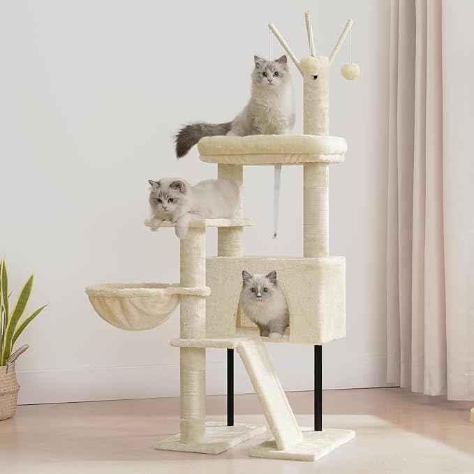 Cat Tree for Indoor Cats, Cat Tower with Scratching Post for Small Cats and Kittens, Cat House with Removable Top Platform and Fluffy Balls, Hanging Cat Basket, Beige GCT006SM