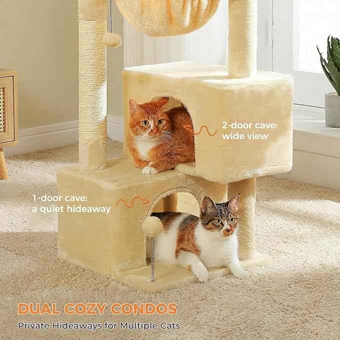 Cat Tree 45" for Indoor Cats, Compact Cat Tower with 2 Condos, Hammock Bed & 5 Hanging Ball Toys, Space-Saving Sturdy Cat Condo Furniture for Kittens & Small-Medium Cats