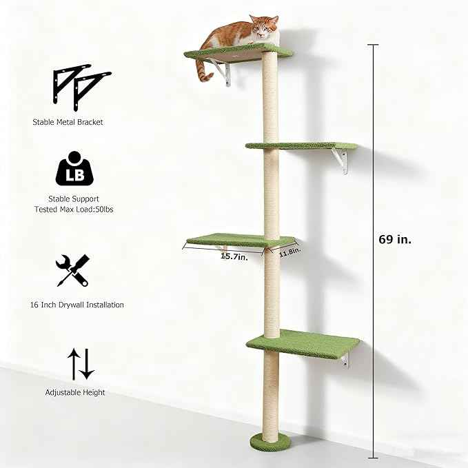 Cat Tree Wall Mounted,Tall Scratching Post for Indoor Cats Climbing Tower Activity Wood Cat Wall Furniture(Green)