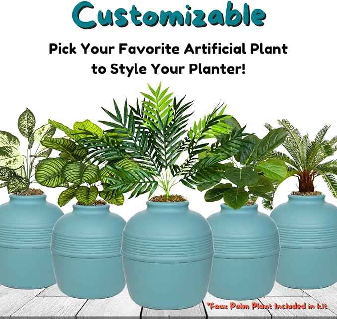 Good Pet Stuff Hidden Litter Box Planter, Decorative Cat Litter Enclosure with Carbon Filter, Artificial Plant, Easy Clean, Removable Liner, Round Style, Essentials Kit, Coastal Blue