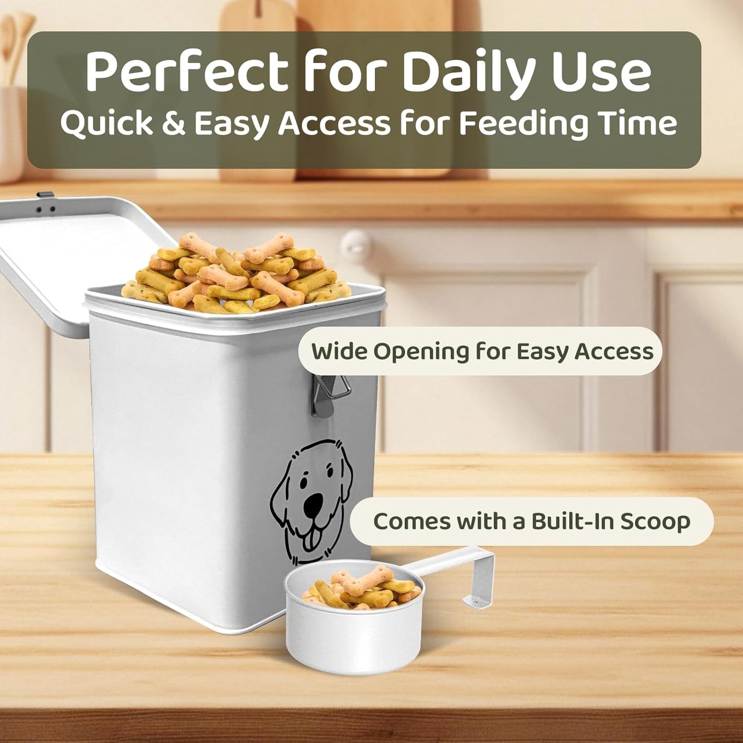 Dog Food Storage Container Airtight Dog Treat Container Pet Food Storage Containers Dog Treat Jar Tinplate Dog Treat Bin White