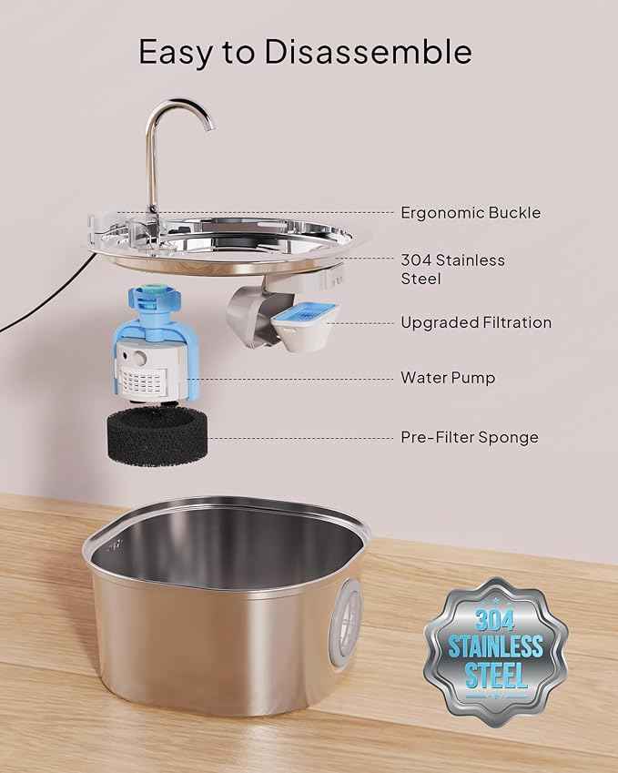 PEKTACO Cat Water Fountain, Pet Water Fountain for Cats/Dogs Indoor, Stainless Steel Cat Drinking Fountains with Water Level Window and 6 Filters + 6 Sponges(3.2L/108oz)