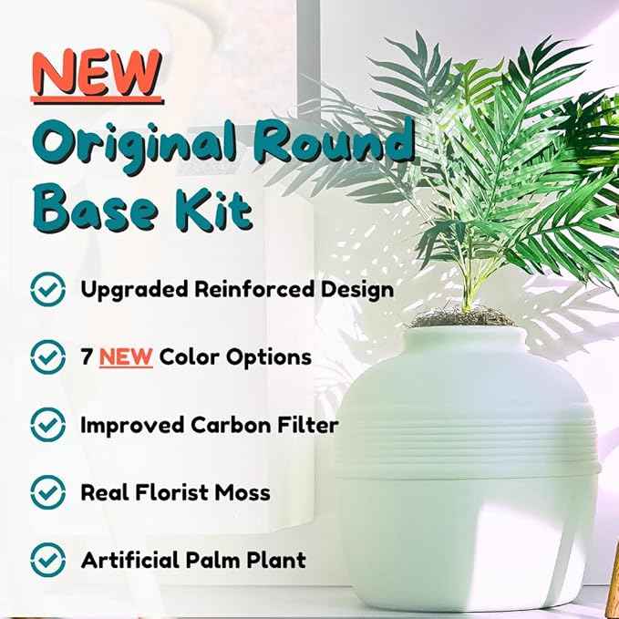 Good Pet Stuff Hidden Litter Box Planter, Decorative Cat Litter Enclosure with Carbon Filter, Artificial Plant, Easy Clean, Improved Design, Round Style, Base Kit, Sage Green