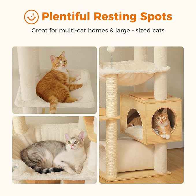 PETEPELA Floor to Ceiling Cat Tree,93.3''-100.8'' Height Adjustable Wooden Cat Tower, Tall Modern Climbing Tree with Large Hammock, Soft Perch and Scratching Post for Indoor Cats Large Adult, Beige