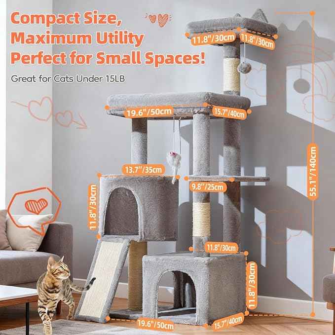 Taoqimiao Cat Tree for Indoor Cats, 55.1In Sturdy Cat Tower, Large Platform, Rotatable Round Condo with Large Scratch Board, Extended Cat House, Thickened Full-Sisal Scratching Post, Light Gray, F10W