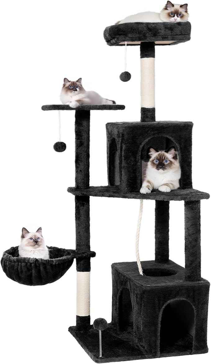 54 Inch Multi-Level Cat Tree Tower with Hammock, Condos & Scratching Posts, Large Cat Furniture for Indoor Cats with Pompoms, Black