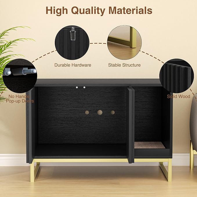 Litter Box Enclosure, Modern Cat Litter Box Furniture Hidden Litter Box with Scratch Pad, Cat Washroom House End Table, Entryway Bench for Livingroom (Black)