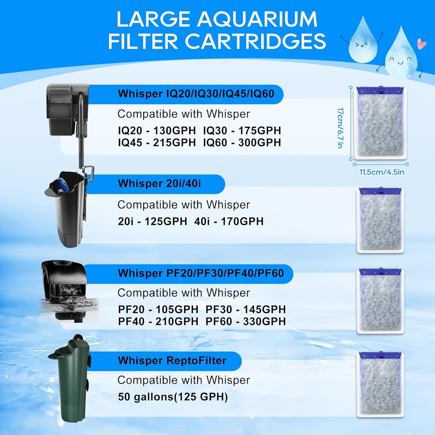 16-Pack Filter Cartridges Large Compatible with Tetra Whisper Bio-Bag Aquarium Filters, Fish Tank Filters Replacement for Aquariums for Whisper Filter 20i 40i/ IQ 20 30 45 60/ PF20 30 40 60