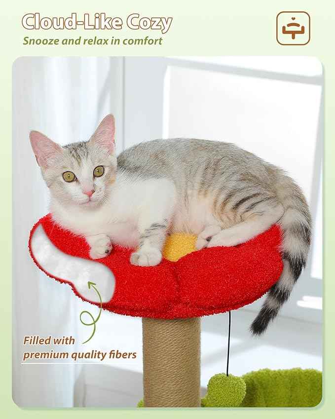 Flower Cat Tree with Sisal Scratching Posts, 35" Cute Cat Tower with Large Green Hammock for Small Indoor Cats, Cat Condo with Removable Flower Bed for Kittens, Brown