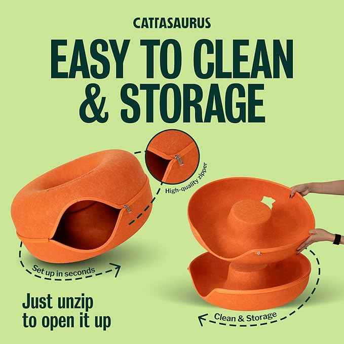 Cattasaurus Peekaboo Cat Cave Donut for Multiple & Large Cats up to 30-45 lbs, 3-in-1 Self Warming Cat Bed, Tunnel & Scratcher for Indoor Cats, Washable & Detachable Small Dog Bed (Orange, Large)