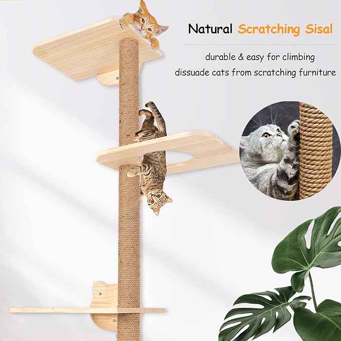 Cat Tree Wall Mounted,Tall Scratching Post for Indoor Cats Climbing Tower Activity Wood Cat Wall Furniture(Wood)