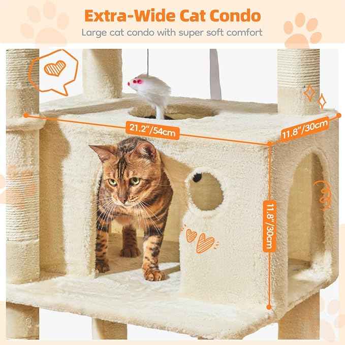 Taoqimiao Large Cat Tree，73-Inch Cat Tree Tower with 9 Scratching Posts for Indoor Cats, 2 Large Cat Condo with Hammock, Hanging Basket, 2 Extended Platform, Beige MS013XLM