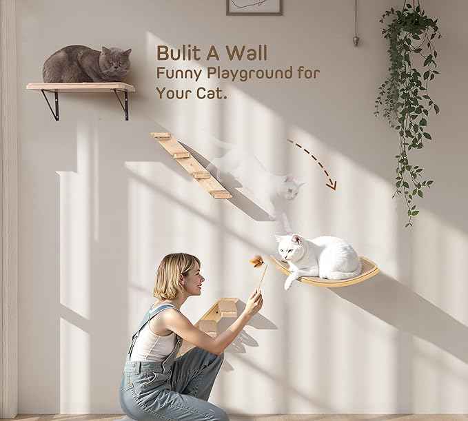 Cat Wall Shelves Set with Sisal Cats Window Perch, 4 Piece Wood Climbing Furniture with Curved Sisal Bed, Flat Shelf & Two Wall-Mounted 4 Steps Cat Stairs