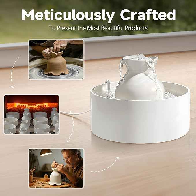 Ceramic Cat Water Fountain, 3L/101 fl oz Ultra-Quiet Pet Water Fountain, Automatic Water Dispenser for Cats & Small Dogs, No Spill Cat Water Bowl, BPA-Free, 2 Filters Included, Easy to Clean
