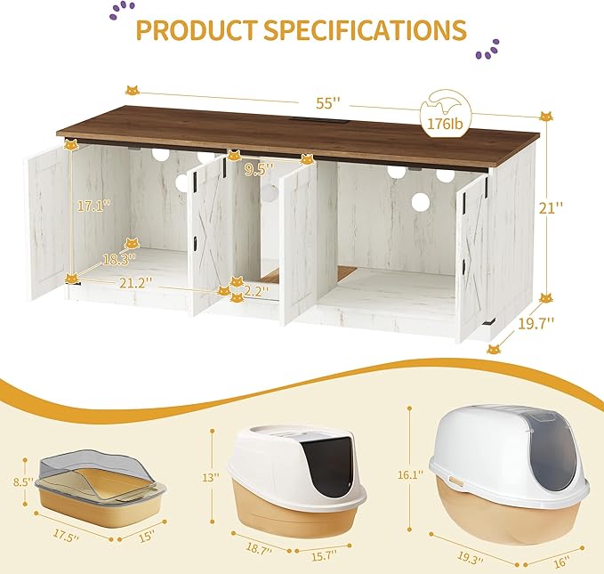 Cat Litter Box Enclosure for 2 Cats, Hidden Litter Box Furniture Cabinet with Double Room, Indoor Cats House with USB Ports & Power Outlets, Farmhouse Style, Rustic Brown and White CB82514XV1