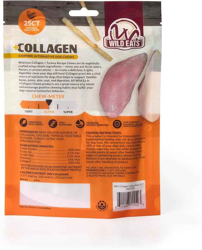 Wild Eats Turkey Collagen Sticks for Dogs (25 Pack, 0.6 cm Wide) Long Lasting Dog Chews No Hide Dog Treat Bully Stick Alternative, Rawhide Free, Grain Free, High Protein