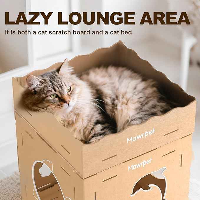 DIY Cat Scratcher Cardboard House, Scratching Cat Play House, a Versatile Box, Indoor Kitty Scratcher Hideout for One or More Cats Brown, Cat Tower Castle Tunnel 10 Parts