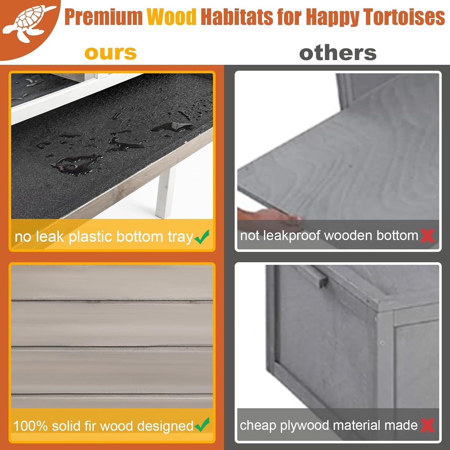 Tortoise Habitat Large Wooden Tortoise Enclosure Habitat with No-Leaking Tray Indoor & Outdoor, Reptile Cage for Small Animals TOR03-Grey - FurryFun