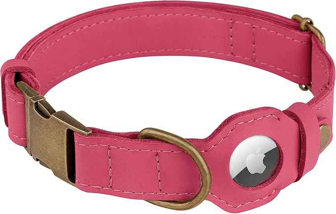 AirTag Dog Collar - Genuine Leather Dog Collar with Apple AirTag Holder and Metal Buckle - Smart GPS Tracking Pet Collars (Pink, S, 12"-15" Neck Fit)