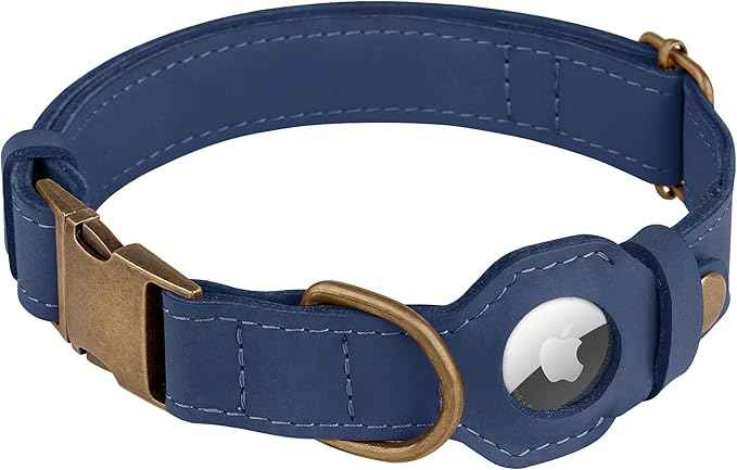 AirTag Dog Collar - Genuine Leather Dog Collar with Apple AirTag Holder and Metal Buckle - Smart GPS Tracking Pet Collars (Smoky Blue, S, 12"-15" Neck Fit) (Smoky Blue, M, 14"-18" Neck Fit)