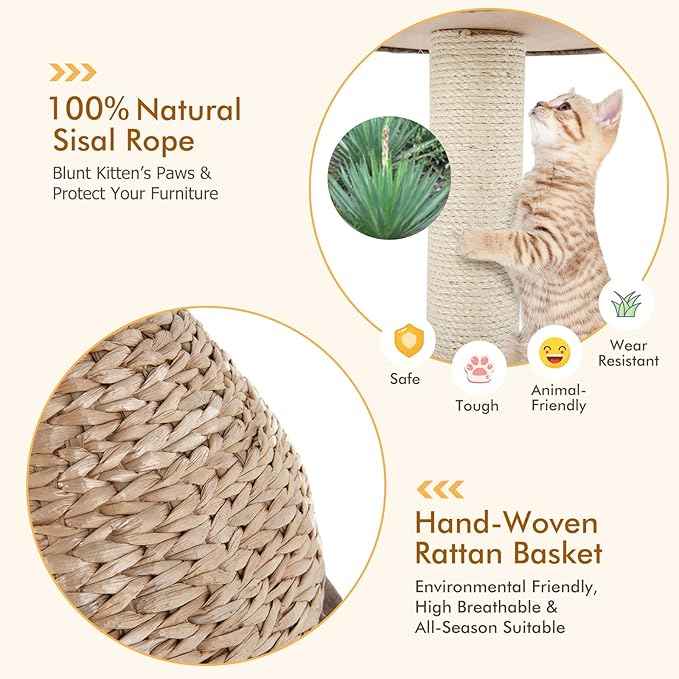 PETSITE Modern Cat Tree Tower, Paper Rope Natural Bowl Shaped with Perch, Scratching Post, Rattan Cat Activity Tree for Kittens, 28" Tall