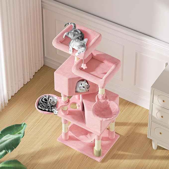 MoNiBloom 58 Inch Cat Tree Tower for Indoor Cats Large Adults, Pink Cat Tower with Scratching Post & Hammock, Pet Play House with Cat Condo, Soft Pink