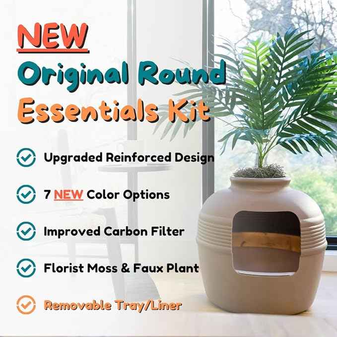 Good Pet Stuff Hidden Litter Box Planter, Decorative Cat Litter Enclosure with Carbon Filter, Artificial Plant, Easy Clean, Removable Liner, Round Style, Essentials Kit, Chestnut Brown