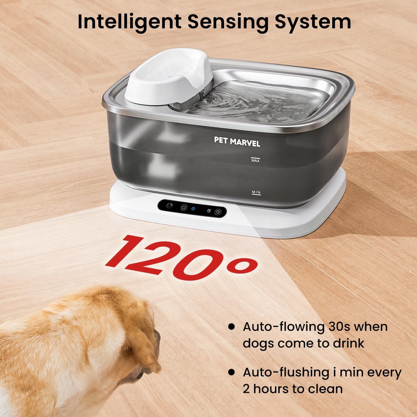 PET Marvel Wireless Sensing Dog Water Fountain for Large Dogs, 7L/1.8Gal/230oz Big Automatic Pet Water Dispenser for Multi Cats, Stainless Steel Filtered Drinking Bowl Wireless Pump F2 V2