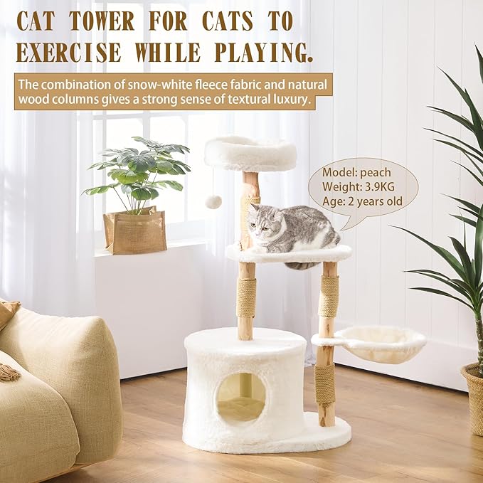 Modern Solid Hardwood Cat Tree Tower for Indoor Cats - Premium Wooden Cat Furniture with Scratching Posts, Cozy Condo, Stable Perch & Non-Tip Base, Multi-Level Play for Small & Medium Cats