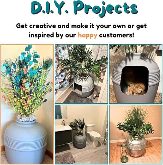 Good Pet Stuff Hidden Litter Box Planter, Decorative Cat Litter Enclosure with Carbon Filter, Artificial Plant, Easy Clean, Improved Design, Round Style, Base Kit, Pebble Gray