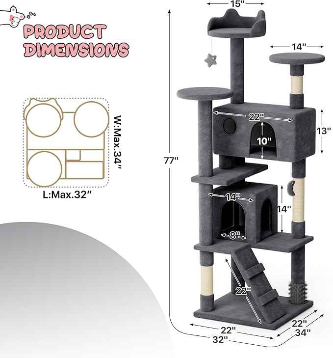 MoNiBloom 77 Inch Cat Tree Tower for Indoor Cats Large Adults, Tall Cat Tower with Scratching Post, Multi-Level Furniture Activity Center with Cat Condo Pet Play House, Smoky Grey