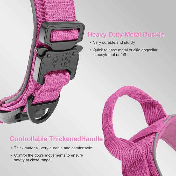 2026 Upgrade Dog Collar with IPX8 Waterproof AirTag Holder,Military Tactical Comfortable Control Handle and Ultra-Durable Metal Buckle/Night Reflective,GPS Collar for Medium to Large Dogs（Pink/XL）