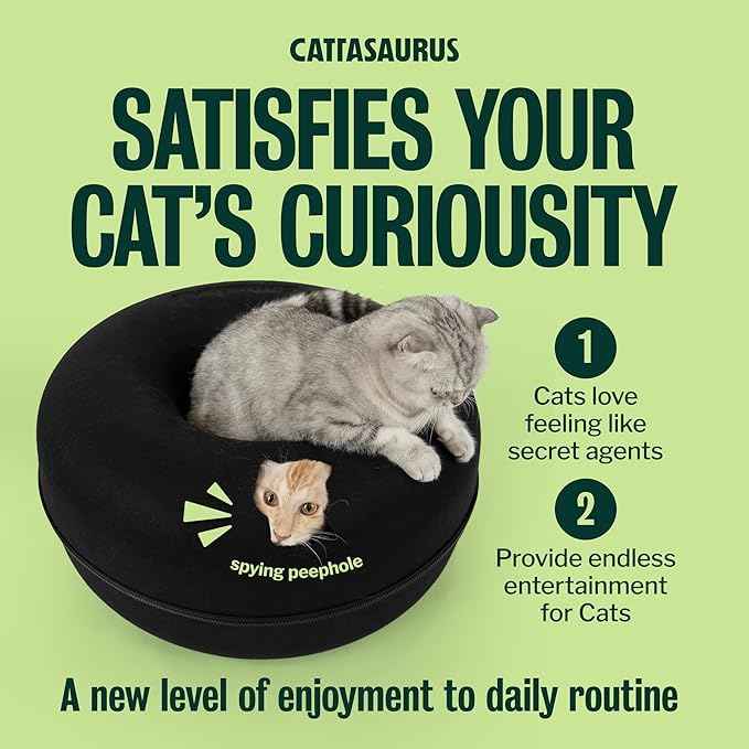 Cattasaurus Peekaboo Cat Cave Donut for Multiple & Large Cats up to 30-45 lbs, 3-in-1 Self Warming Cat Bed, Tunnel & Scratcher for Indoor Cats, Washable & Detachable Small Dog Bed (Black, Large)