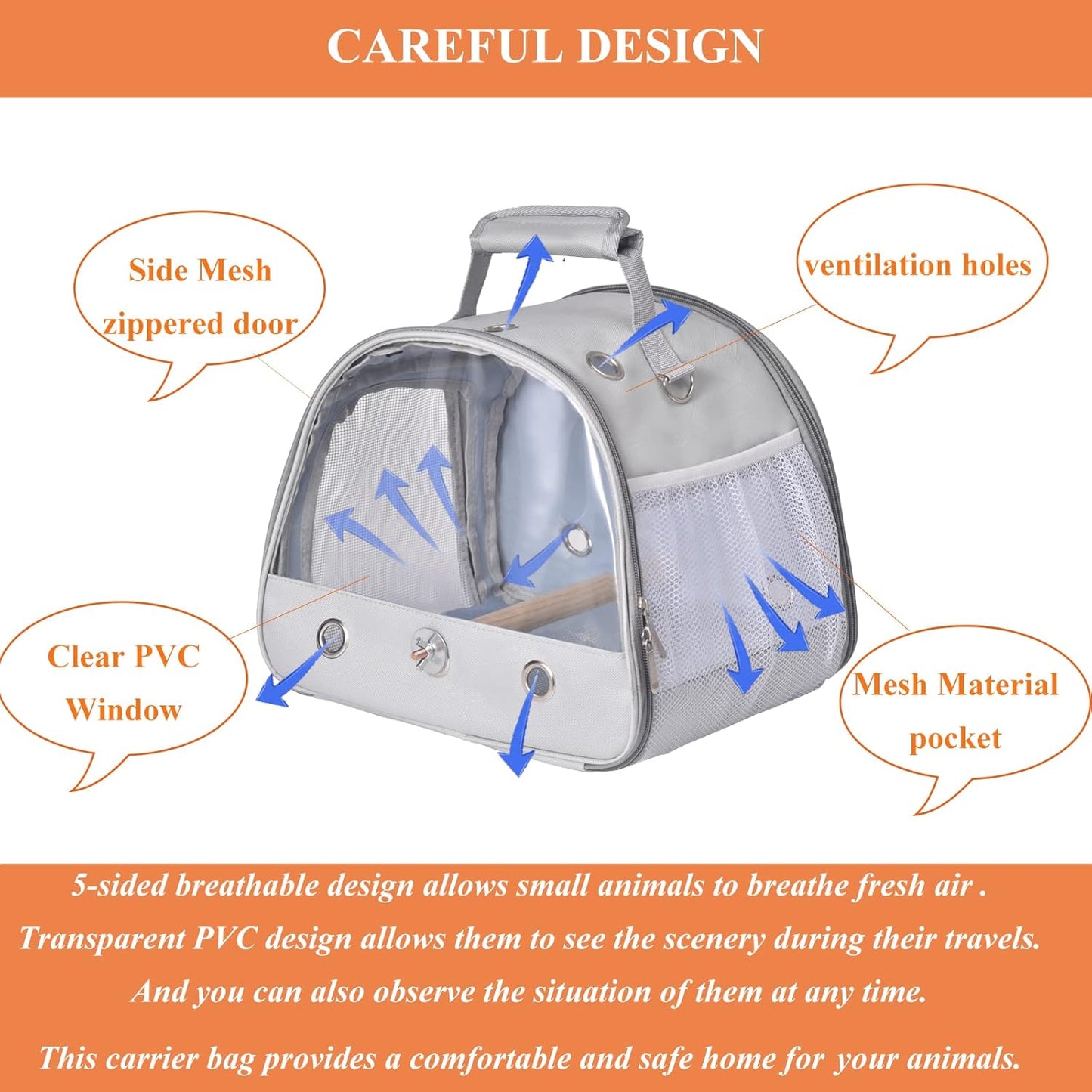 Bird Carrier Travel Cage with Stand, Small Bird Travel Carrier for Parrot with Perch, Side Access Window (Grey)