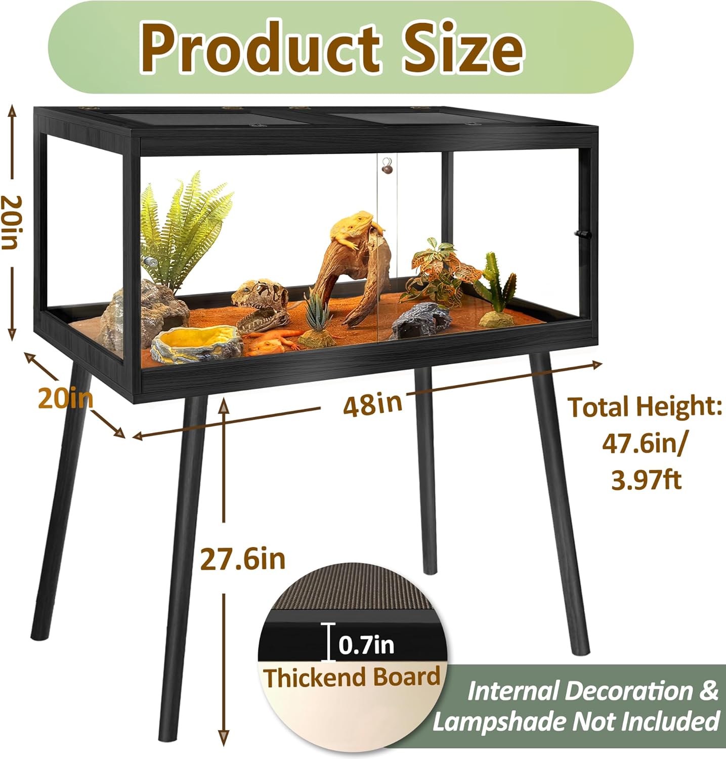 PROLEE Tempered Glass Reptile Enclosure with Leg,48“ Scratch-Proof Bearded Dragon Tank,79 Gallon Lizard Tank with Metal Mesh Tops and Lockable Door,Spacious Reptile Habitat for Snake,Lizard (Black) - FurryFun