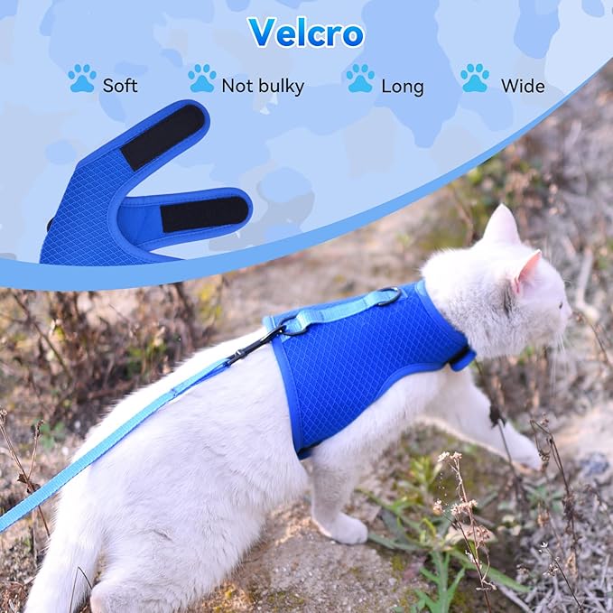 Kitty Harness and Leash for Walking Escape Proof Breathable Mesh Fabric, Solid Blue, Small, Adjustable Cat Walking Jackets, Padded Stylish Cat Vest