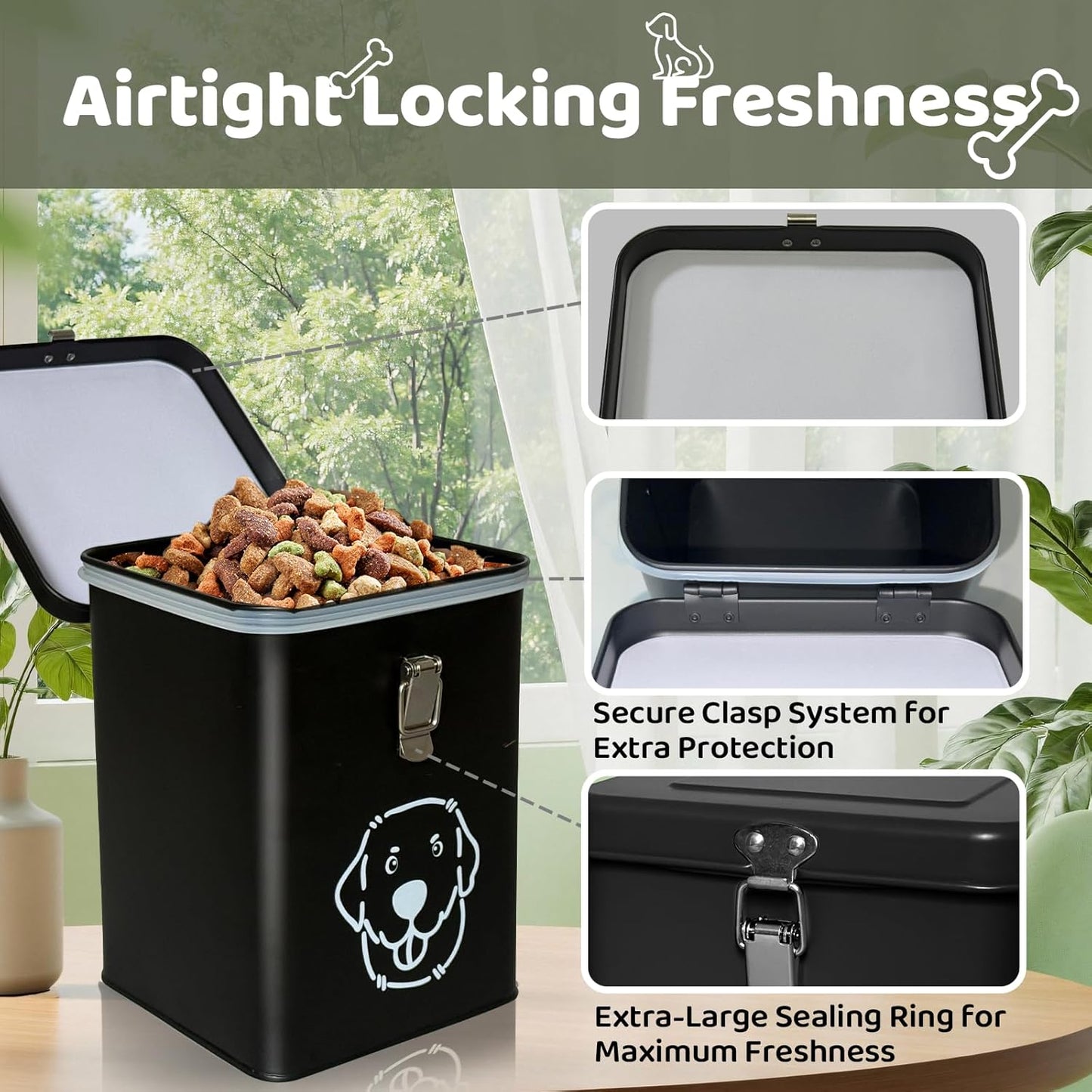 Dog Food Storage Container Airtight Dog Treat Container Pet Food Storage Containers Dog Treat Jar Tinplate Dog Treat Bin Black