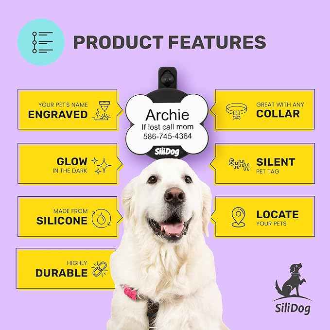 SiliDog AirTag Holder Silent Dog ID Tag – Personalized Engraved Silicone Pet Tag – Durable, Glow-in-The-Dark – Pink Bone