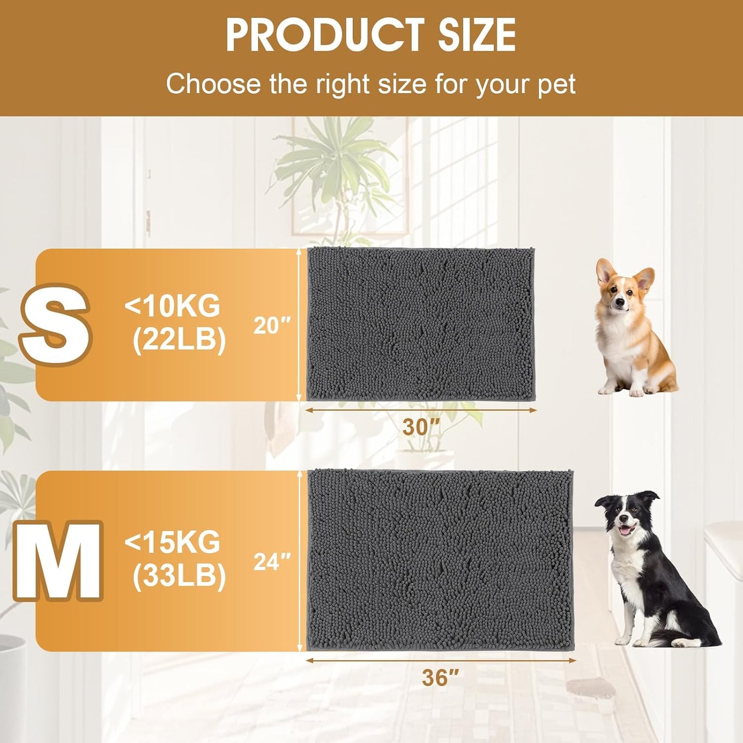 2 Pieces Muddy Door Mats for Dogs, Chenille Absorbent Pet Mats, Quick Dry, Trap Dirt Non Slip Heavy Indoor Doormat Soft Dog Bed Mat Front Inside Door Mat for Indoor Outdoor Entrance,Grey