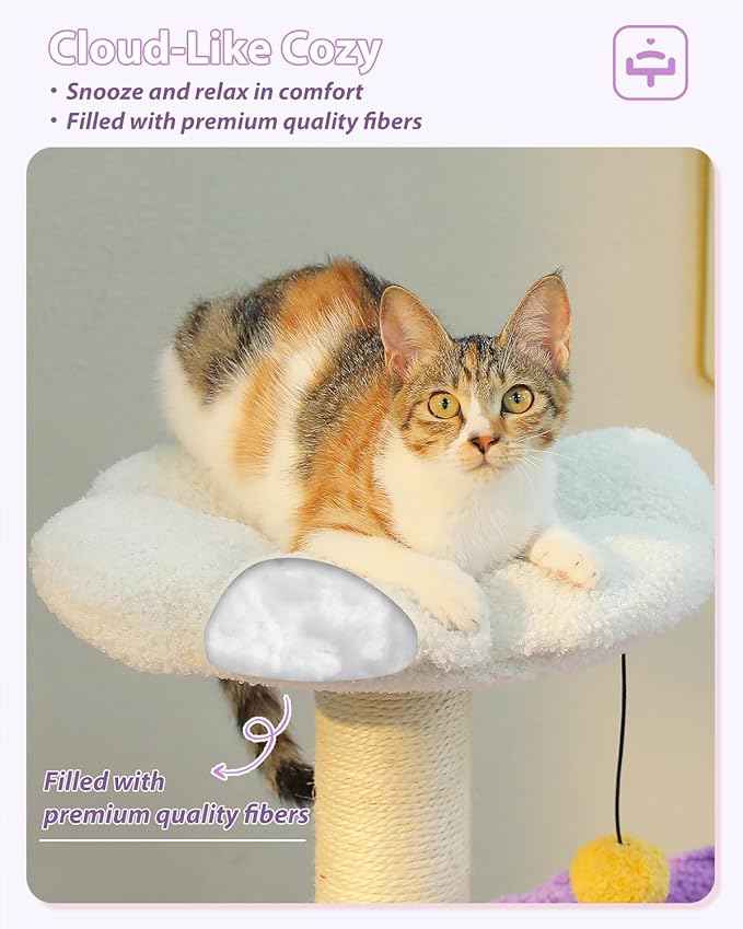 Purple Flower Cat Tree for Small Indoor Cats w/Large Metal Frame Hammock, 35" Cute Cat Tower with Sisal Scratching Posts, Cozy Condo with Cloud White Bed for Kittens