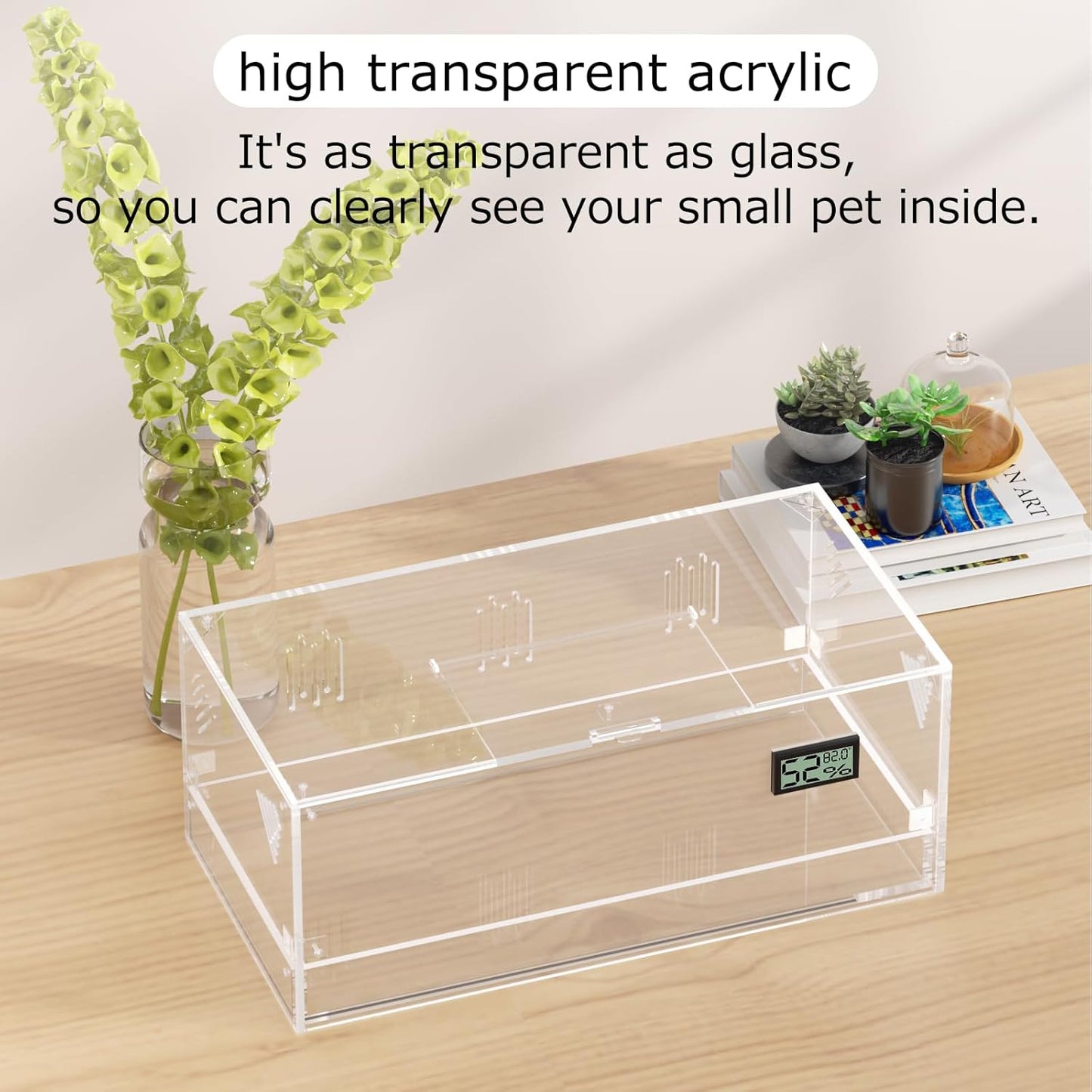 Acrylic Tarantula Enclosure, Reptile Terrarium Breeding Tank w/Temperature Hygrometer,Habitat Reptiles Feeding Box Isopod Terrarium Cage for Insect Lizard Home Office (Reptile-Tank-L(Tray)) - FurryFun