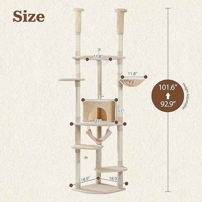 PETEPELA Floor to Ceiling Cat Tree, 92.9''-101.6''Height Adjustable Cat Tower Tall Cat Climbing Play House, Cozy Condo, Scratching Post and Spacious Hammock for Indoor Cats Large Adult, Beige