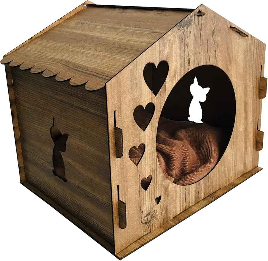 Wood Cat House,Brown Cat House,Cat Lover Gift,Cat House,Pet Furniture,Pet Accessories,Cat House Indoor,Cat Furniture,Padded Cat House (Brown)