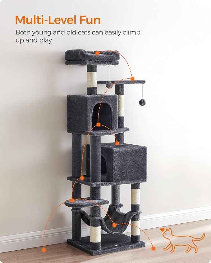 Feandrea Cat Tree, 59.5-Inch Tall Cat Tower, Plush Multi-Level Condo with 5 Scratching Posts, 2 Perches, 2 Caves, Hammock, 2 Pompoms, Smoky Gray UPCT192G01