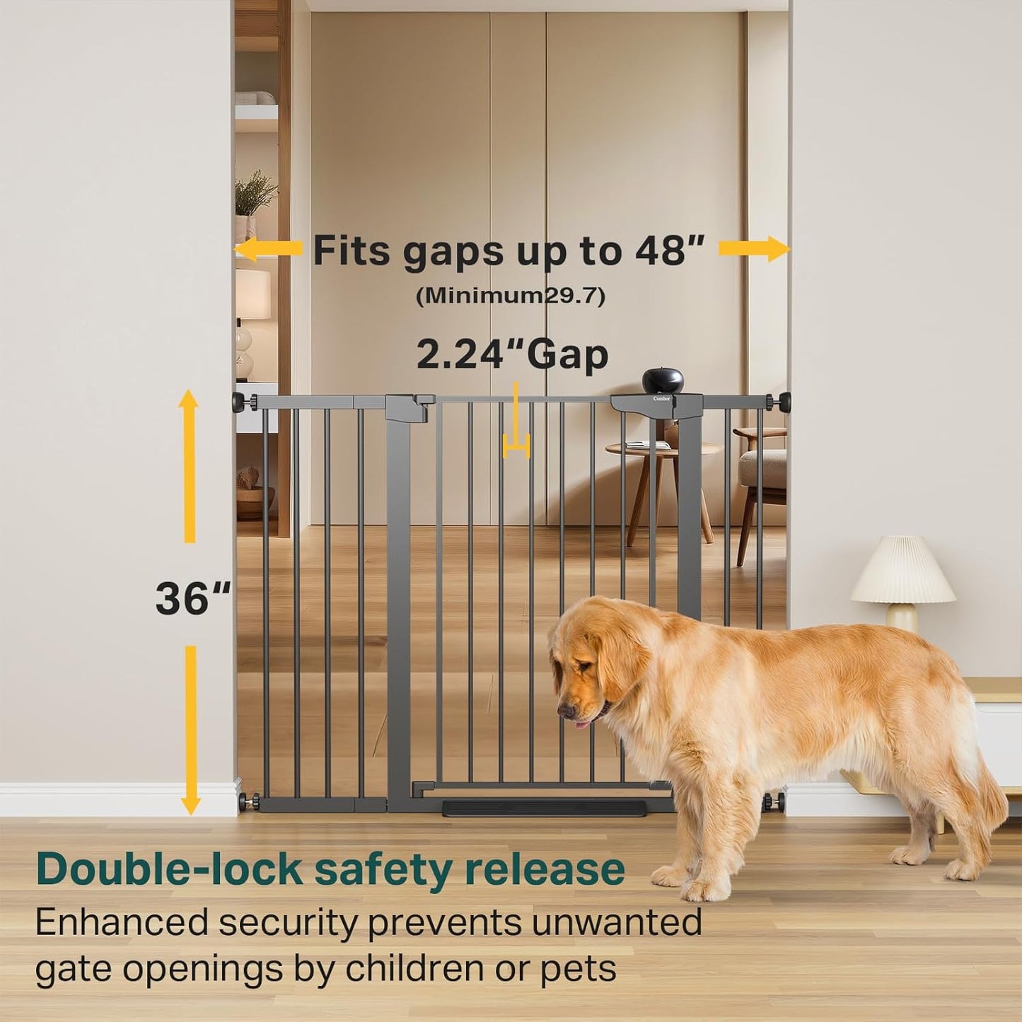 Cumbor 36" Extra Tall Baby Gate for Stairs, 29.7-48" Wide Dog Gates for Doorways, Auto Close Safety Gate for Babies and Pets, Easy Install, Pressure Mounted, Fits Doorways, Stairs, Entryways, Black