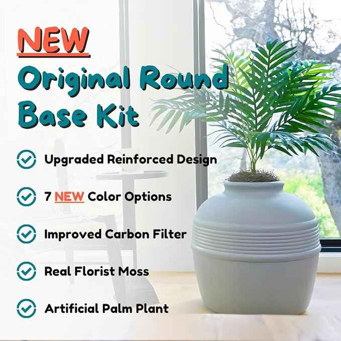 Good Pet Stuff Hidden Litter Box Planter, Decorative Cat Litter Enclosure with Carbon Filter, Artificial Plant, Easy Clean, Improved Design, Round Style, Base Kit, Pebble Gray