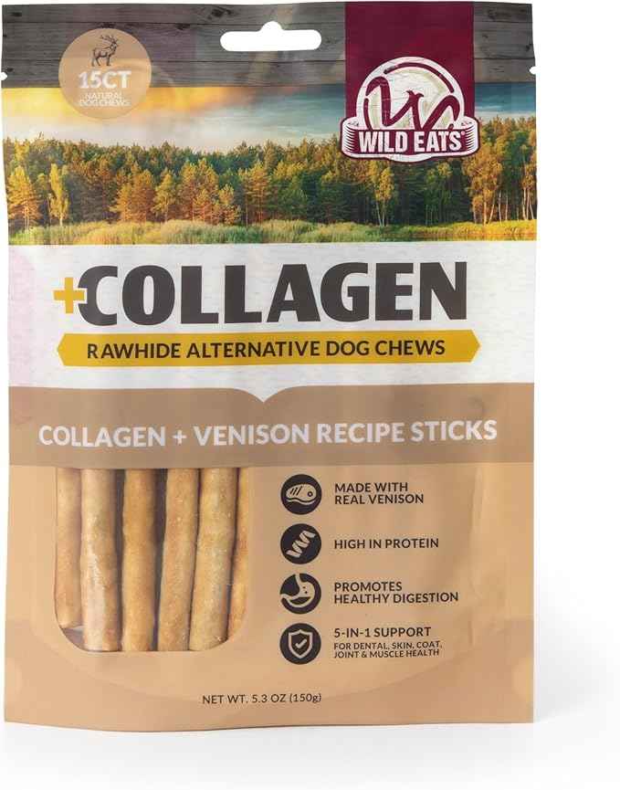 Wild Eats Venison Collagen Sticks for Dogs (15 Pack, 1 cm Wide) Long Lasting Dog Chews No Hide Dog Treat Bully Stick Alternative, Rawhide Free, Grain Free, High Protein