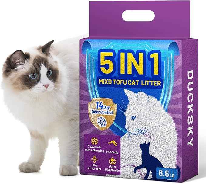 Ducksky Tofu Cat Litter Fast Clumping 5in1, Natural Plant-Based flushable Lightweight tofu Litter for Kitty, Effective Odor Control,unscented pellets, 99% Dust- Free,Low Tracking,(6.6LB x 1 Bag)