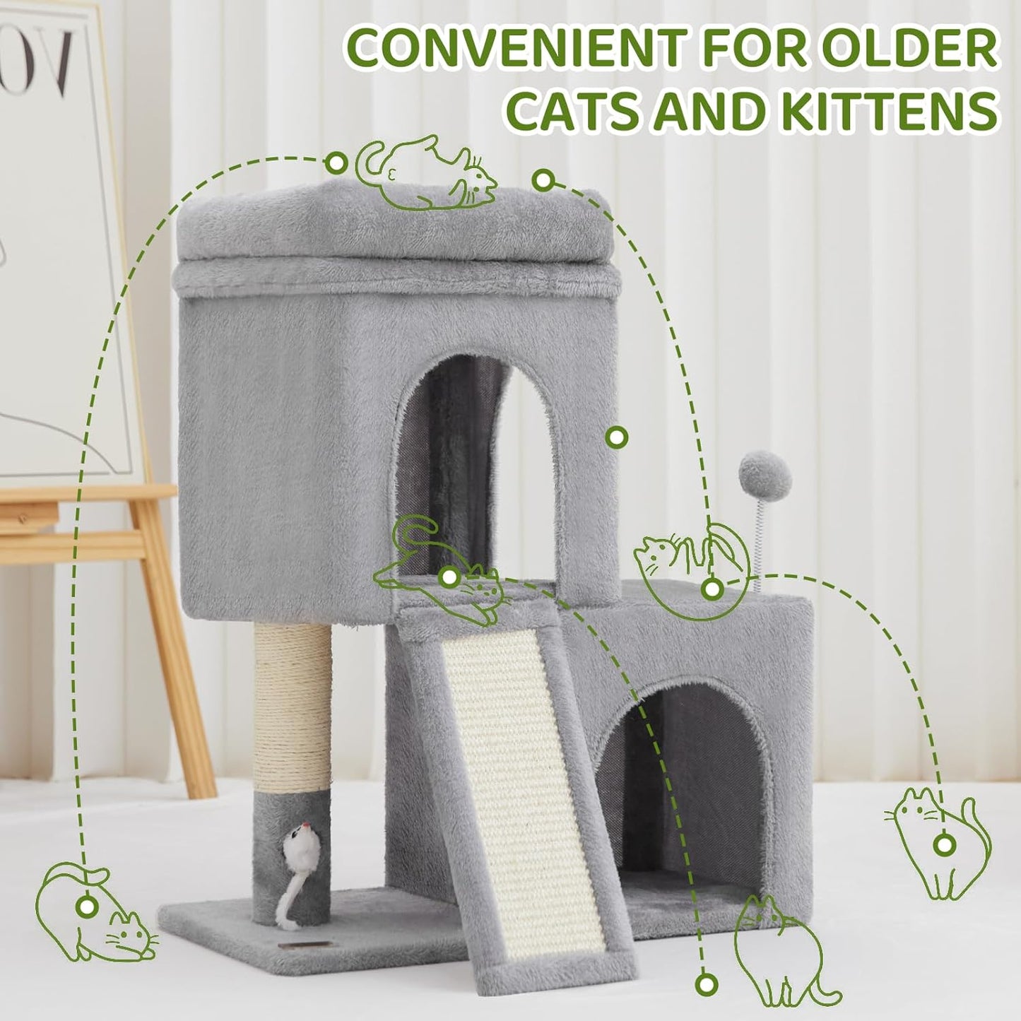 24inch Tall cat Tree with 2 cat condo and Mouse Toy Cozy Small cat Tower with Scratching Post and Board for Kitties and Small Cats.（Light Grey）
