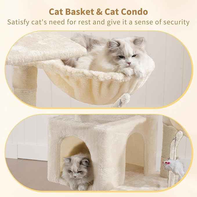 Heybly Cat Tree with Toy, Cat Tower Condo for Indoor Cats, Cat House with Padded Plush Perch, Cozy Hammock and Sisal Scratching Posts, Beige HCT004SM